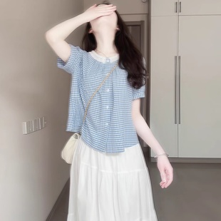 Blue Plaid Short-Sleeved Shirt for Women 2025 Summer New Style French Light Luxury Age-Reducing Style Top Versatile