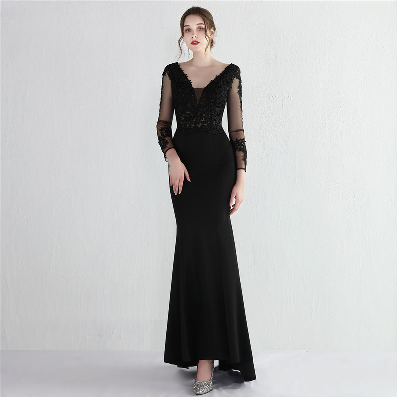 18659# Full Craft Lace Ironing European Diamond Toast Dress Bride's Long Long Sleeve Appreciation Banquet Fishtail Evening Dress