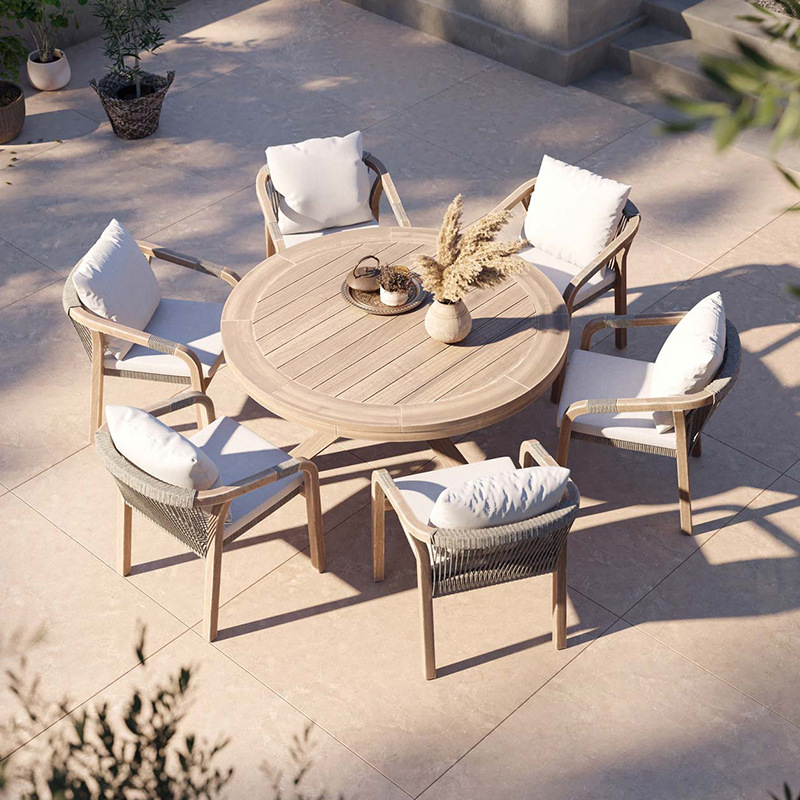 Mesas y sillas de teca para exteriores para villas, hoteles, patios, jardines, ocio al aire libre, terrazas de ratán, muebles de madera maciza impermeables y resistentes al sol.