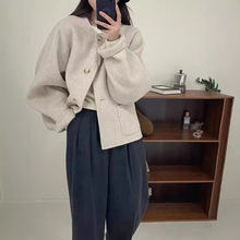 韩版双面呢羊绒大衣女小香风气质紫色小个子短款24圆领羊毛呢外套