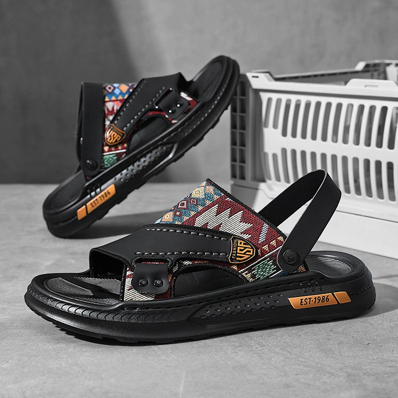 Новые мужские тапочки, мужские кожаные сандалии, повседневные уличные тапочки двойного назначения в этническом стиле на мягкой подошве, модные мужские сандалии.