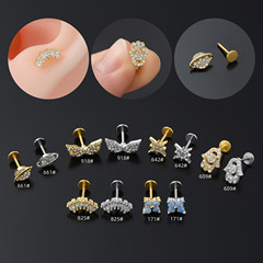 316L stainless steel rod geometric lip nail micro-paved zircon flat bottom ear bone nail personalized hot girl thread piercing jewelry