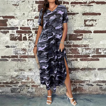 2025欧美外贸迷彩连衣裙春夏圆领短袖裙子女舒适休闲长裙