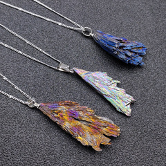 跨境飾品 不規則碧璽原石吊墜 孔雀尾電鍍炫彩毛衣頸項鍊飾品配件
