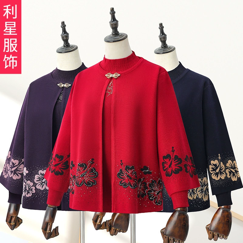 Осенняя одежда для людей среднего и пожилого возраста, свитер для бабушки, комплект из двух предметов, весенне-осенний свитер для старой леди, одежда для мамы с длинными рукавами