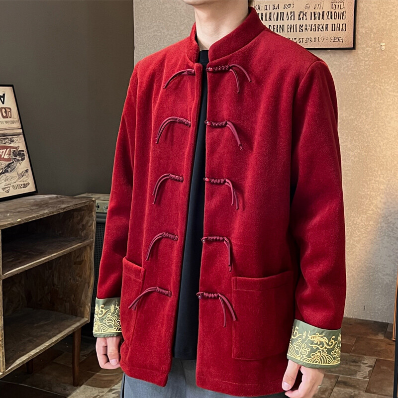 新中式复古国潮秋季盘扣禅服外套中国风男刺绣毛呢唐装男汉服外套