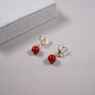 925 Silver Needle Natural Southern Red Agate Beads Earrings New Style 2024 High-end Sense Earrings Women's Niche Light Luxury Ear Jewelry