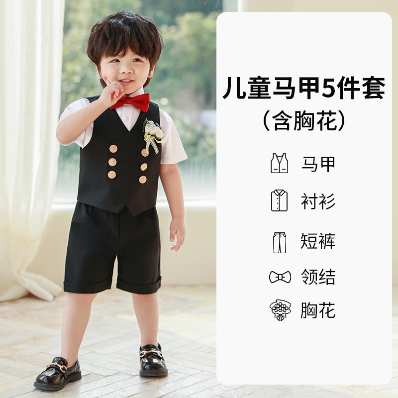 Traje de niño, chaleco, traje de manga corta, traje de actuación de estilo británico de verano, vestido de cumpleaños de bebé, niña de las flores