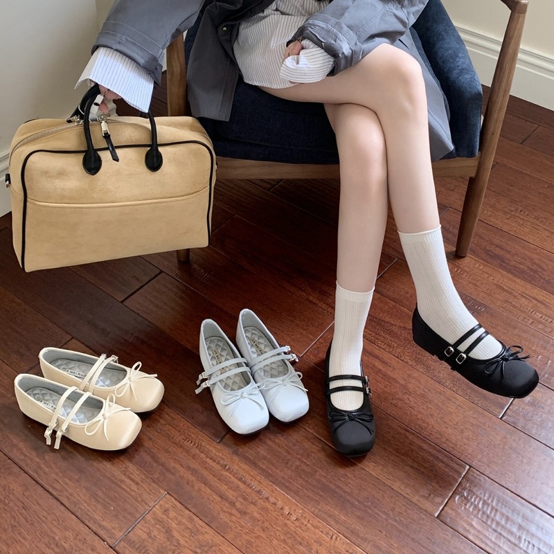 韩版方头浅口双条绑带绸面玛丽珍芭蕾鞋女2025新款精致百搭单鞋|undefined