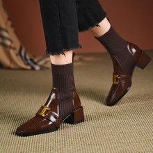欧美风复古棕色针织短筒弹力靴2022年冬季新款高跟靴方跟时装女靴