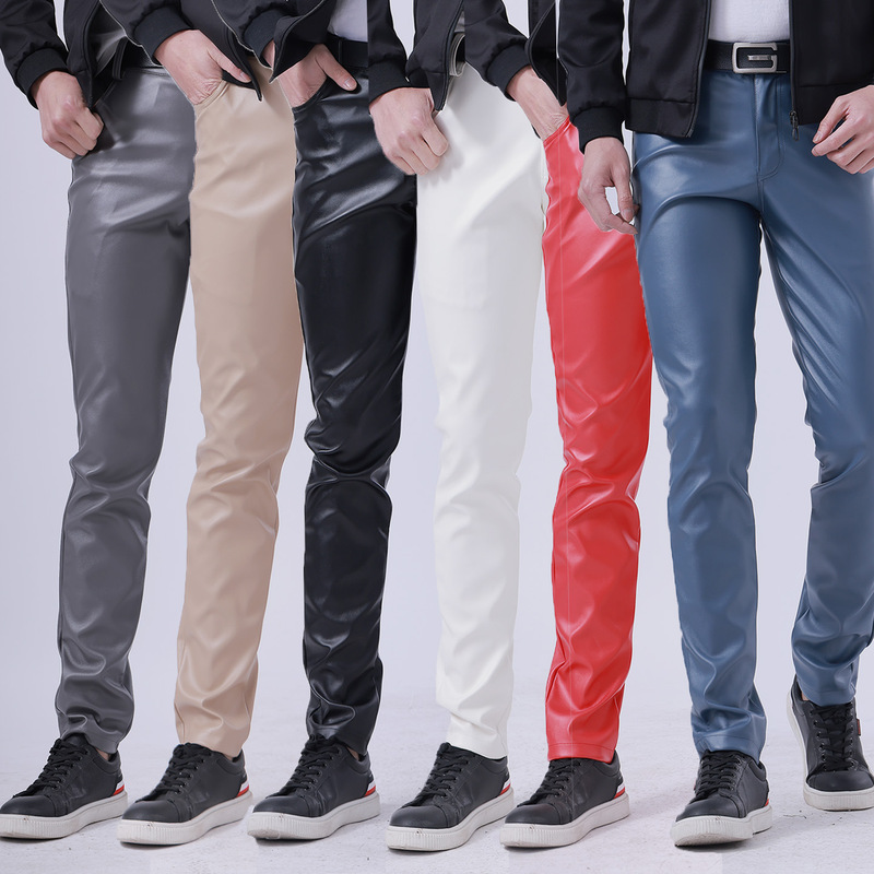 Spring and Summer Thin Cross-border Youth Leather Pants Men's Stretch Slim-fit Fashion Color White Bar Internet Trendy Leather Pants for Men