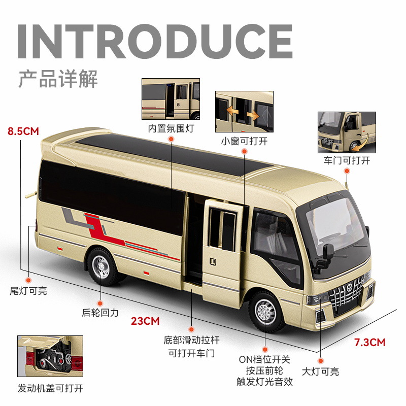 Auténtico autorizado 1: 33 Toyota Coaster aleación modelo de autobús Echo sonido y luz efectos de sonido decoración del hogar