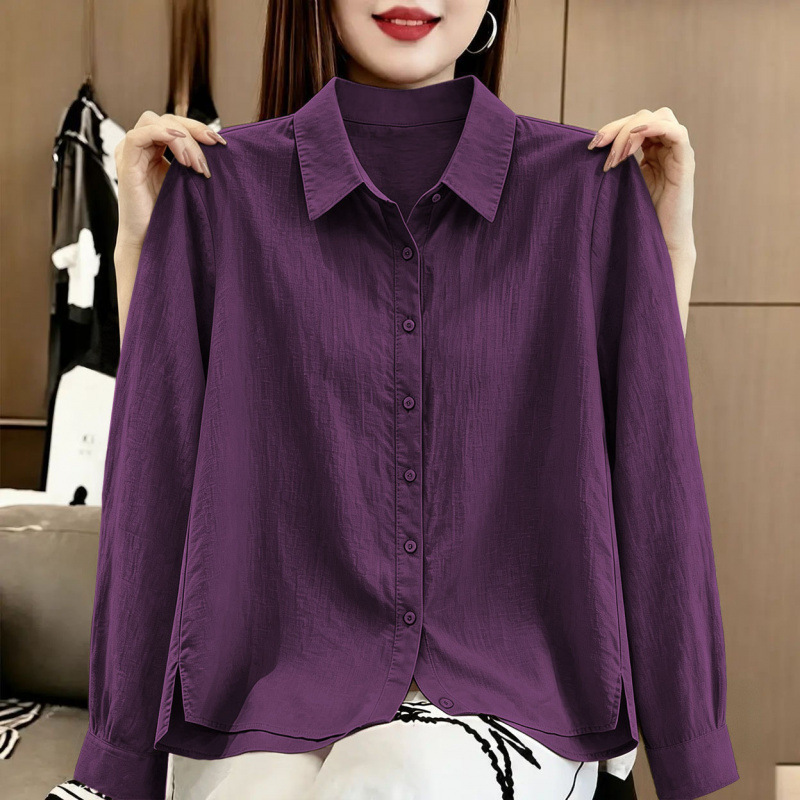 Trendy solid-color cotton and linen polo-neck button-down long-sleeve shirt for women, slimming, versatile, fashionable, and exudes elegance as a high-end outerwear piece Trendy solid-color cotton and linen polo-neck button-down long-sleeve shirt for women, slimming, versatile, fashionable, and exudes elegance as a high-end outerwear piece