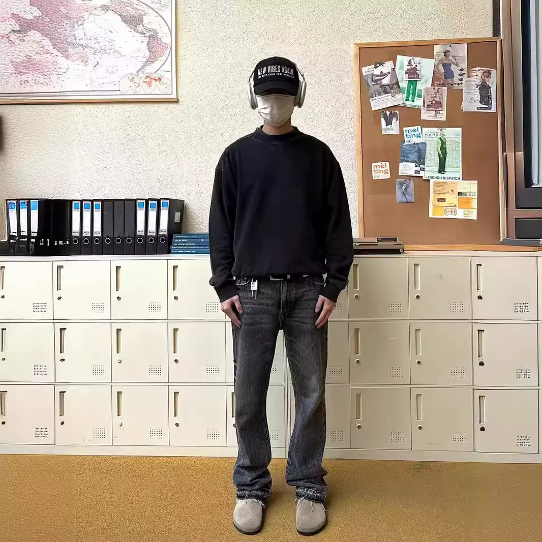 美式复古cleanfit直筒507版型拆边刀割黑色水洗猫须牛仔裤男