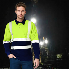 長袖反射ポロシャツ 夜間道路工事安全作業服 建設鉱山吸汗長袖ラペルTシャツ