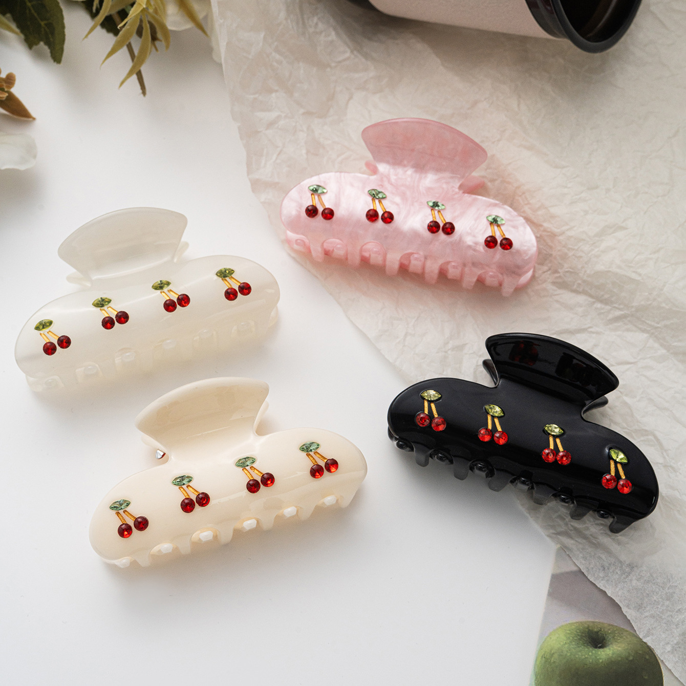 韩国可爱设计感樱桃镶钻抓夹中号小众重工头饰发夹鲨鱼夹气质发卡