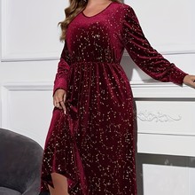 新款亚马逊欧美星空亮片图案圆领长袖优雅收腰显瘦连衣裙