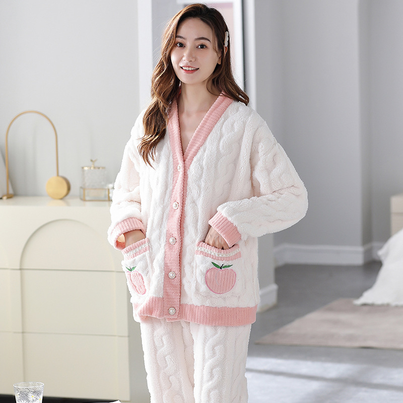 Otoño e Invierno nuevo pijama de las mujeres red engrosada coral lana casual desgaste 2023 franela traje de dos piezas