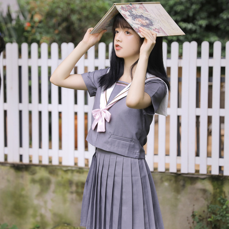 Yamakura Japanese Student Class Uniform JK Uniform Orthodox Soft Sister Grey Powder Embroidered sailor Suit Long Short Sleeve Suit Summer Women