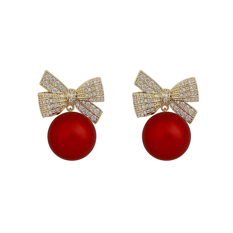 Elegant Red Bow Bead Drop Earrings With Diamond Studs For Women_voghion.com