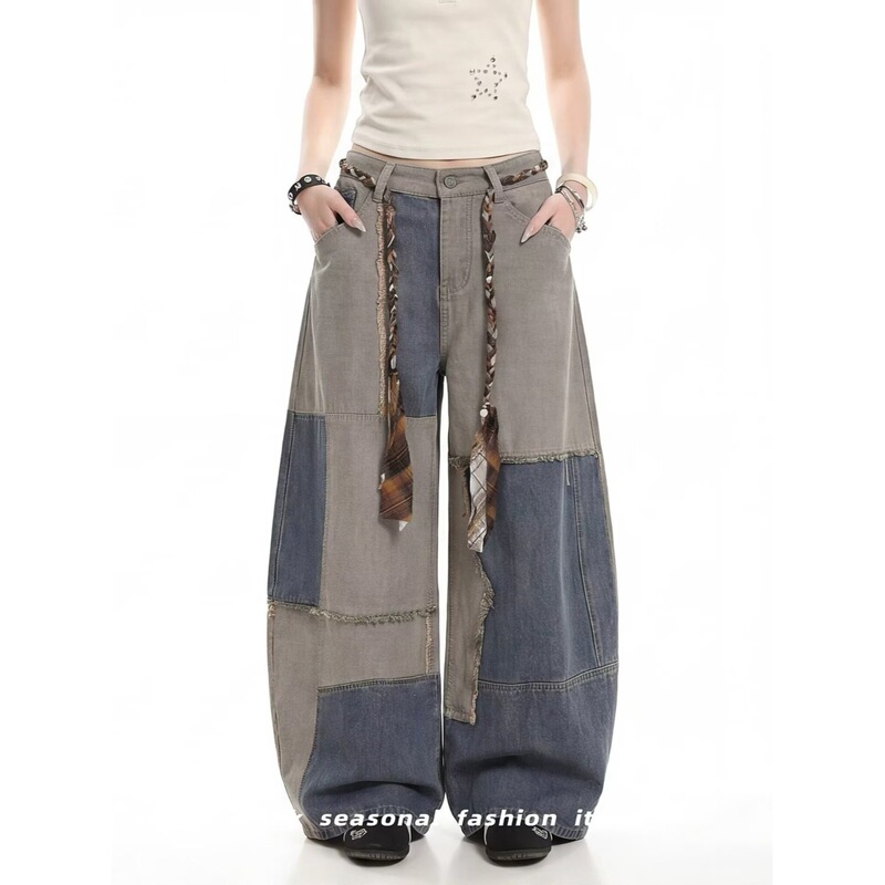 American-Style Cool and Stylish Color-Blocked Denim Jeans, Straight Loose Fit, Trendy Street Hip-Hop Casual Pants with Drawstring American-Style Cool and Stylish Color-Blocked Denim Jeans, Straight Loose Fit, Trendy Street Hip-Hop Casual Pants with Drawstring