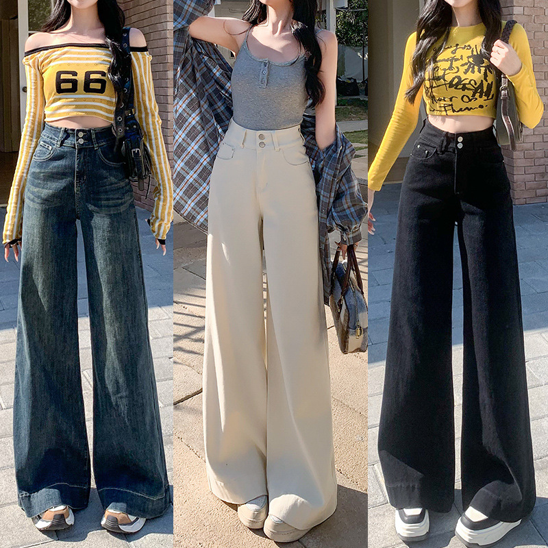 Pear-Shaped Body Shape Pants, Wide-Leg High-Waisted Jeans, Women's Long Pants, Petite Drapey Wide-Leg Pants, Stretchy