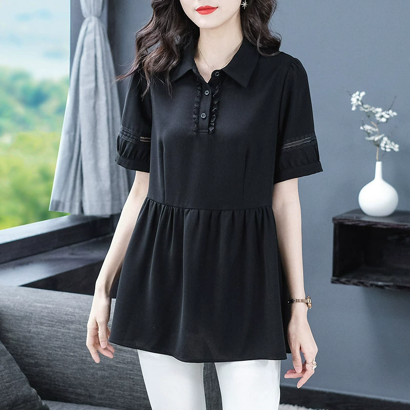 Летнее платье свободного кроя больших размеров, новинка 120kg года, шифоновое платье трапециевидной формы с воротником-поло и короткими рукавами, повседневная одежда для женщин среднего и пожилого возраста