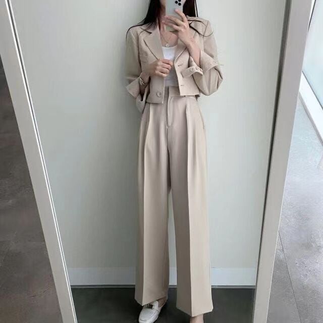 ChicShe Korean Chic Retro Revers Zwei-Knopf Lockerer Blazer Kurze Jacke Hoch taillierte Hose mit weitem Bein Lange Hosen Anzug Damen_voghion.com