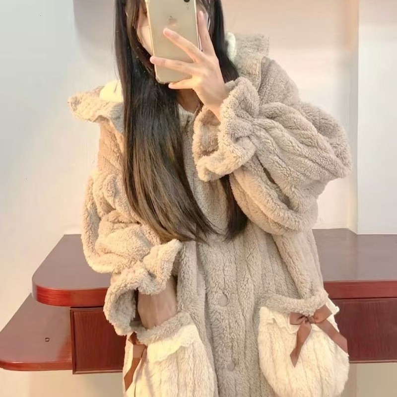 韩版棕色睡衣女冬季新款法兰绒加绒加厚长款连帽睡袍保暖居家服|undefined