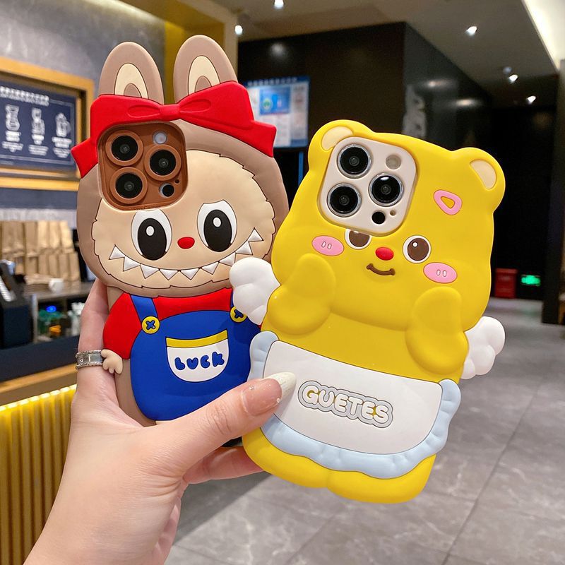 Cute Three-Dimensional Mobile Phone Case for Samsung A56 Bear Labu S25ULTRA Cartoon Couple Soft Protective Case