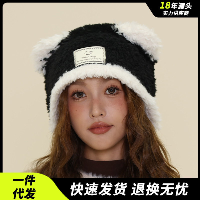原创新款熊猫帽子秋冬卡通毛绒耳朵护耳帽保暖百搭套头帽毛线帽女|undefined