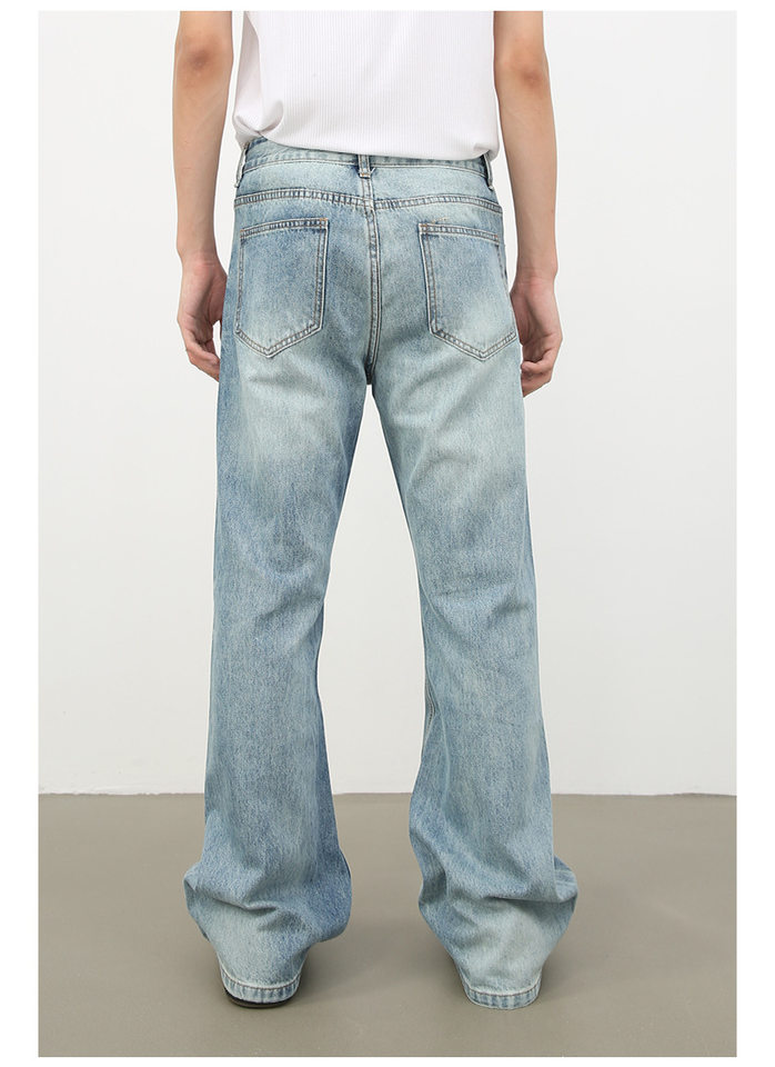 Quần jean nam ống loe nhẹ cạp vừa dáng suông rộng giặt wash cổ điển — Màu xanh lam, Đen xám chi tiết 5