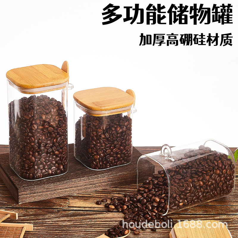 New Arrival Sealed Glass Square Storage Jar with Small Wooden Spoon & Wooden Lid — Kitchen Storage Container for Citrus Peel, Seasonings, and More