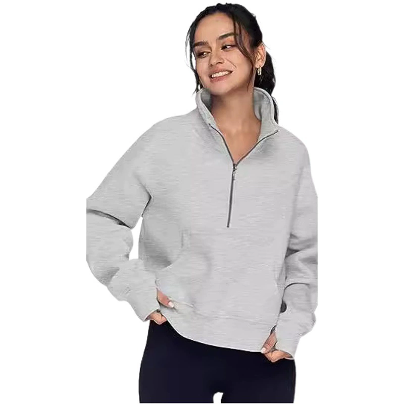 2023 Европейская и американская трансграничная осенне-зимняя новая женская спортивная одежда для йоги с половиной молнии Свободный воротник-стойка и бархатный свитер Свитер