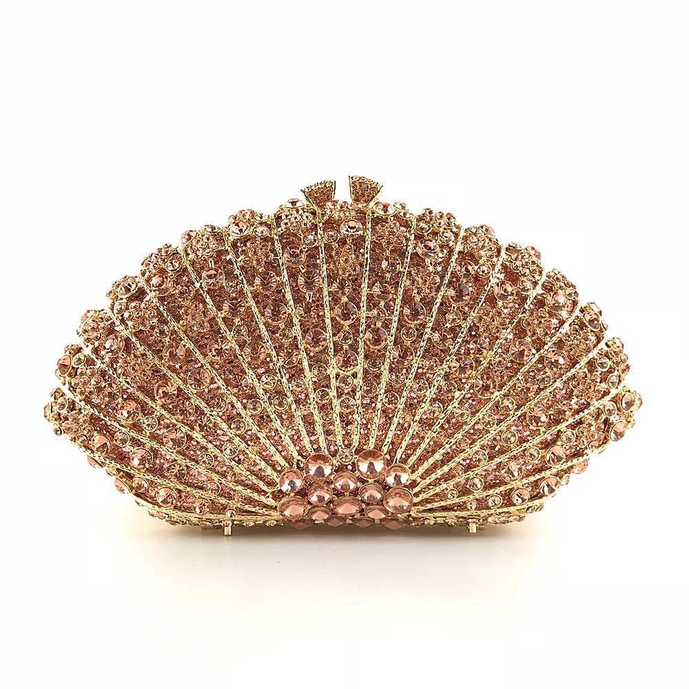 Túi clutch nữ đính đá hình quạt dạ tiệc cao cấp — Vàng Pha Lê, Tím đậm, Đỏ tím, Nền vàng kim cương trắng chi tiết 2