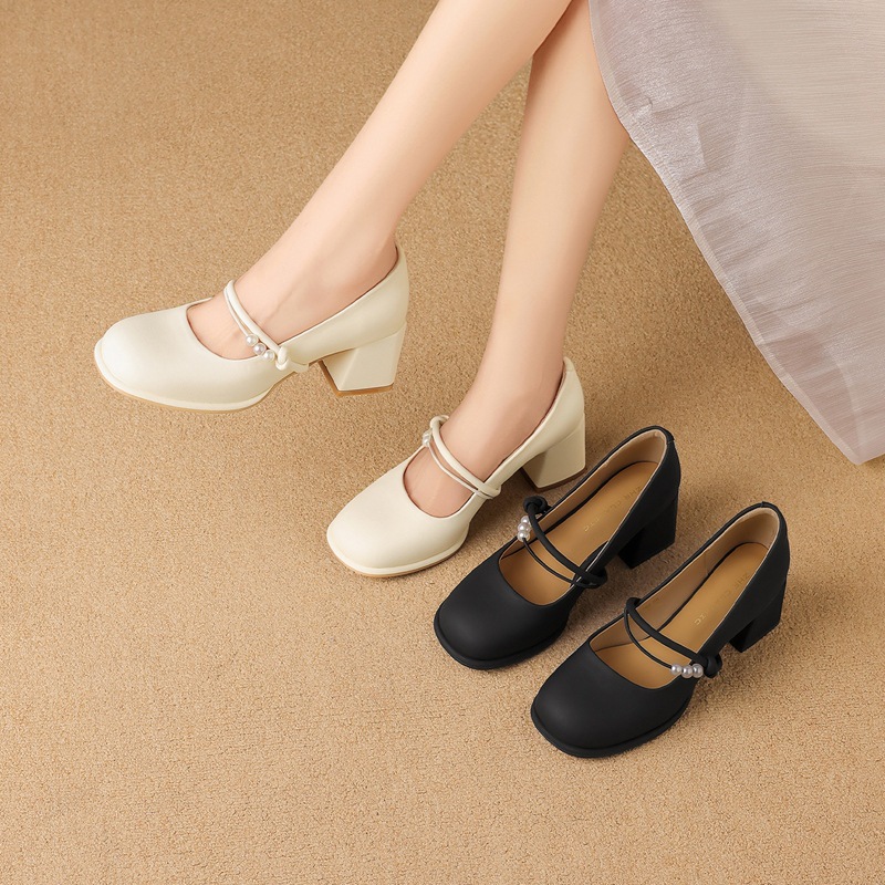 Giày Mary Jane nữ quai ngang gót vuông 5 cm phong cách Pháp — BL786 Màu be