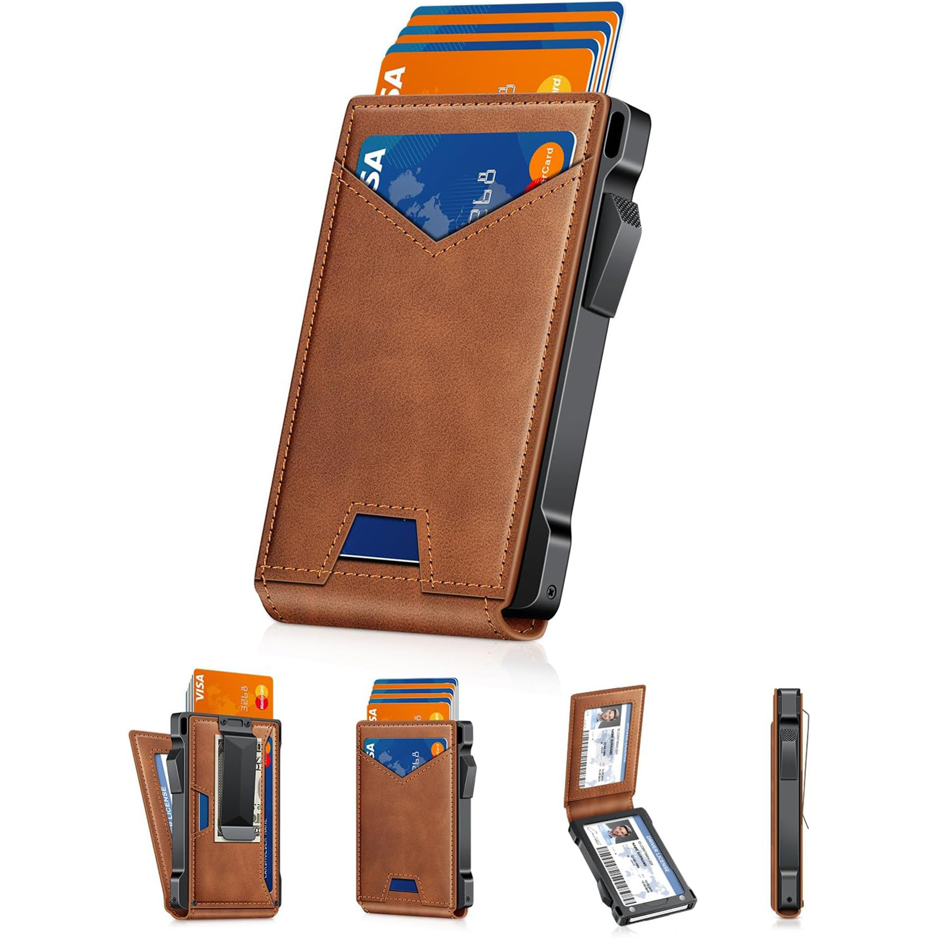 Personalizada RFID cepillo anti-robo flip cartera de cuero metal de aleación de aluminio tarjeta de absorción magnética cartera de fibra de carbono para hombres