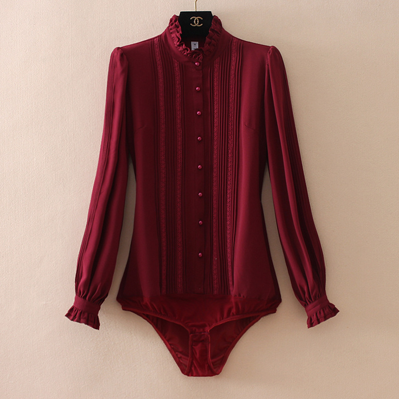 Brand conjoined shirt with crotch elegant socialite temperament high-class shirt Ancora red texture chiffon