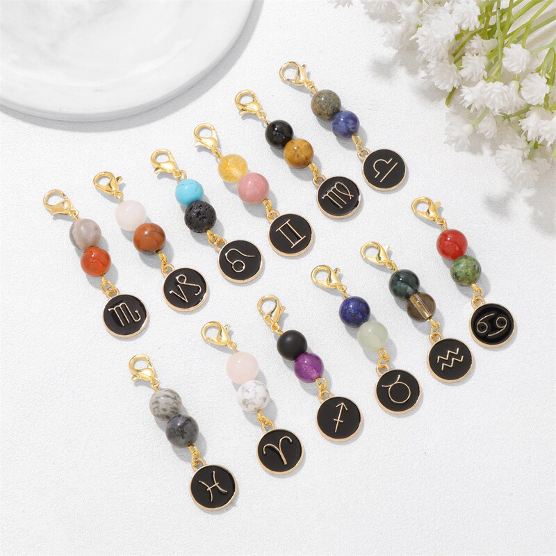 Twelve Zodiac Signs Oil-Drip Pendant Keychain Bag Charm Couple Style Stone Beads Multi-Color DIY Simple Versatile Accessories