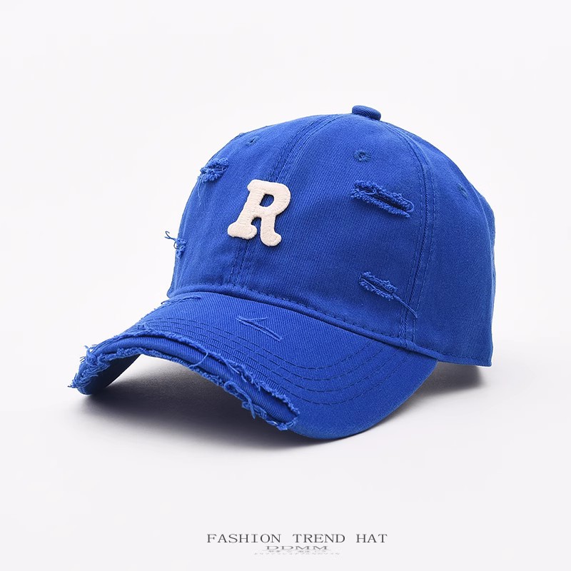 Casquette de baseball lettre R pour hommes et femmes, usée avec des trous, des avant-toits incurvés, des casquettes à bec de canard pour le printemps et l'été, pare-soleil, petite_voghion.com