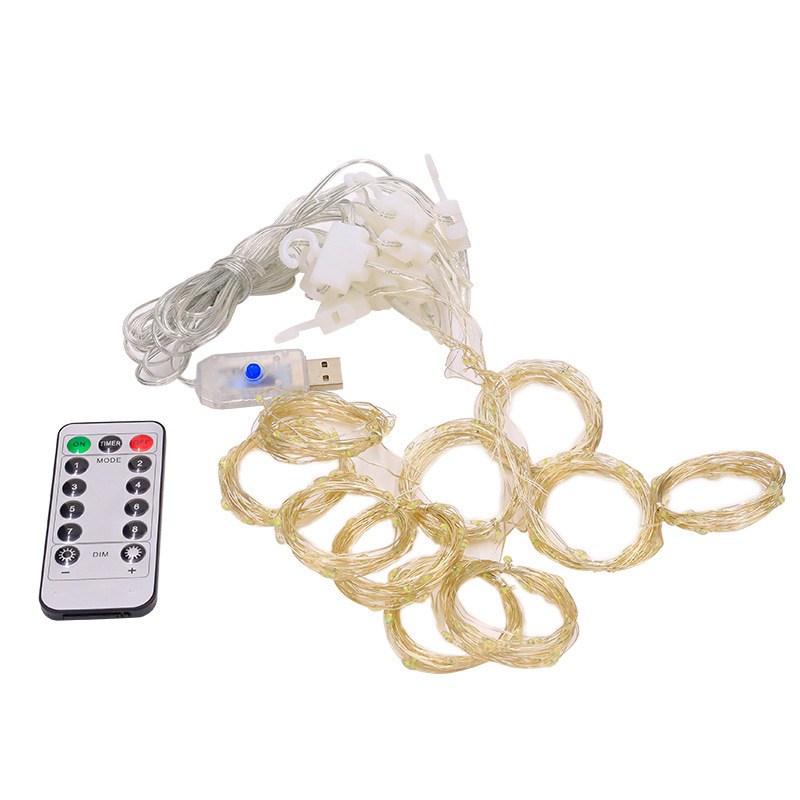 Nuevo Amazon venta caliente lámpara de cortina de cobre ocho funciones USB control remoto Navidad habitación decoración de vacaciones lámpara red de pesca