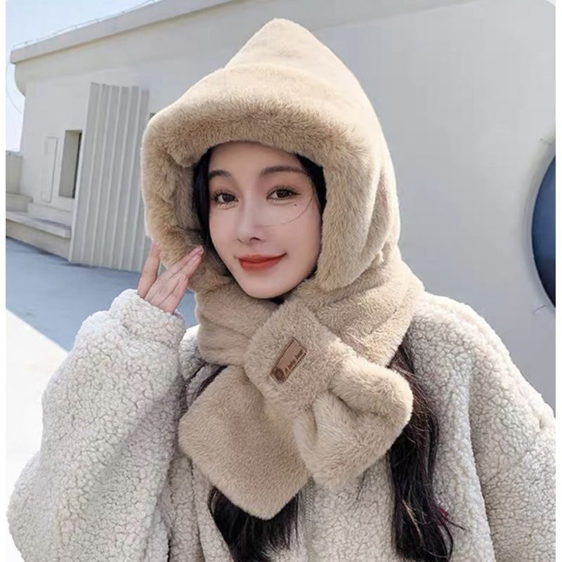 Conjunto de gorro, bufanda y guantes con diseño de oso, todo en uno, para calidez y protección de las orejas, conjunto de tres piezas para mujer, versátil para otoño e invierno, gorro de felpa de una pieza. image 16