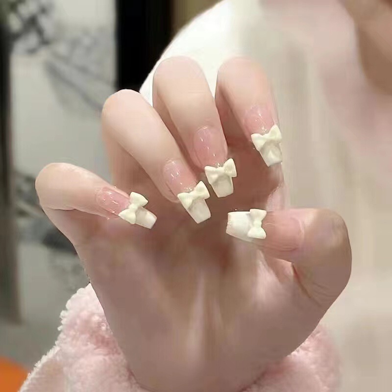 Milk Yellow Bow Wearing Nail Pieces Cute Students White False Nail Manicure Milk Yellow Bow Wearing Nail Pieces Cute Students White False Nail Manicure