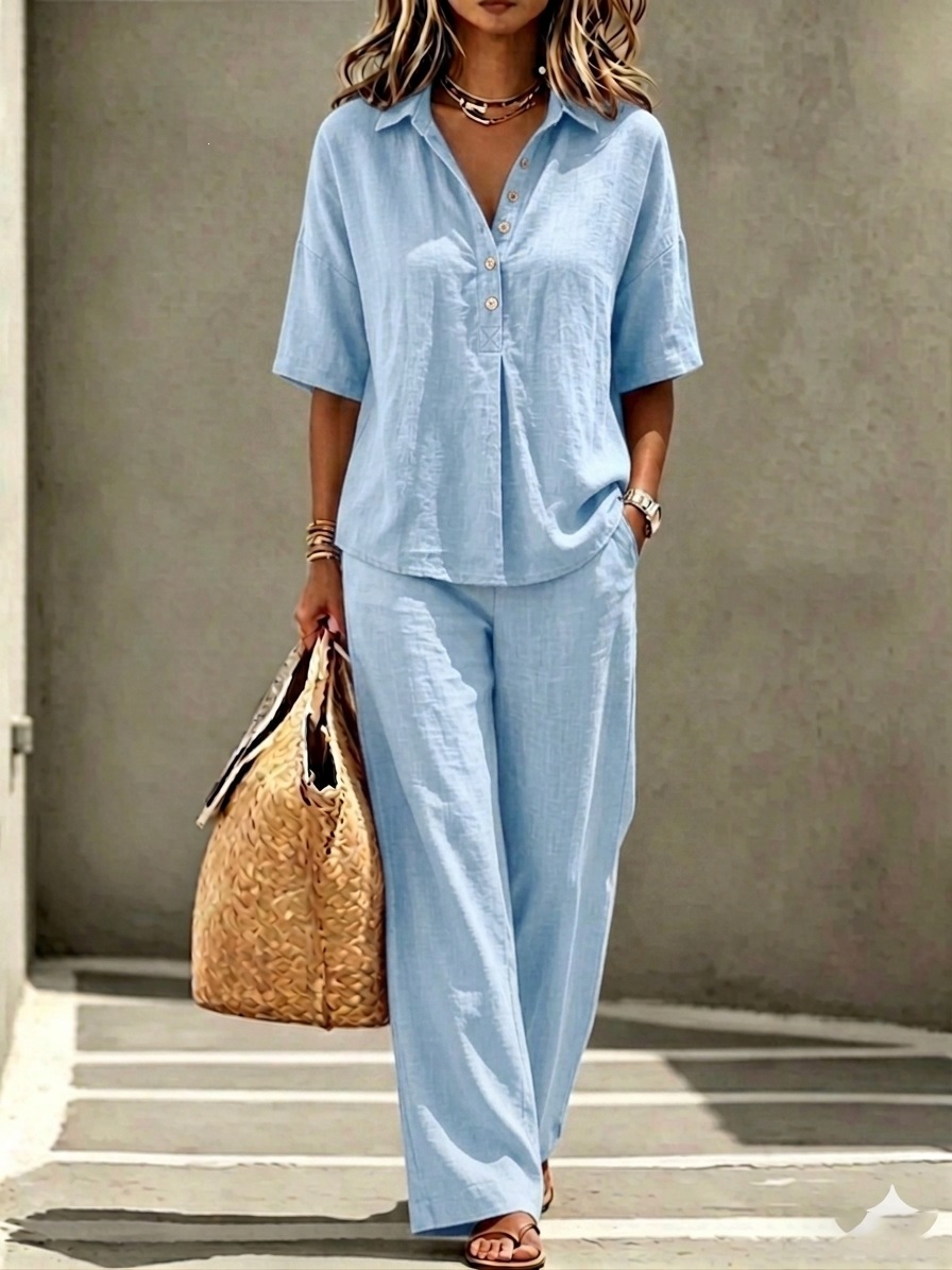 Women's Clothing Casual Loose Polo Collar Top Wide Leg Pants Two Piece Set_ecoleips.com