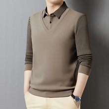 假两件POLO衫男士爸爸装长袖衬衫T恤衫春秋季薄款时尚翻领上衣