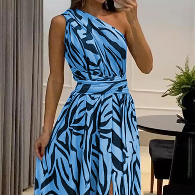 Frau Kleid Mit Schlitz Sexy Schräger Kragen Patchwork Ärmellos Drucken Maxi Langes Kleid Bankett display picture 6