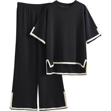 新款时尚套装气质撞色开叉短袖针织衫+高腰显瘦阔腿裤长裤两件套