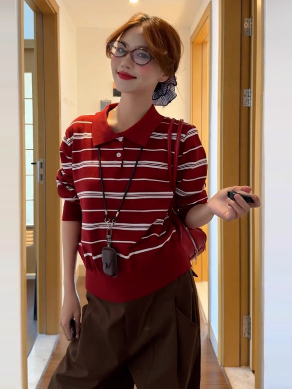 早秋季长袖t恤女2025新款设计感红色条纹针织polo衫上衣长裤套装|undefined