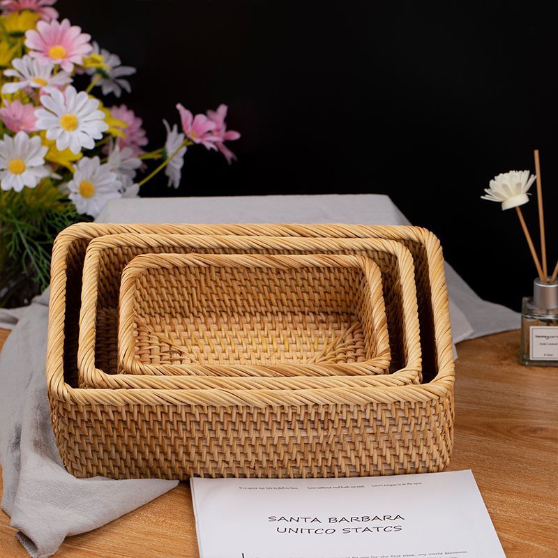 Cesta de almacenamiento de marco rectangular de tejido de caña vietnamita, cesta de almacenamiento de marco rectangular de estilo chino, cesta de almacenamiento de marco artesanal de tejido de caña