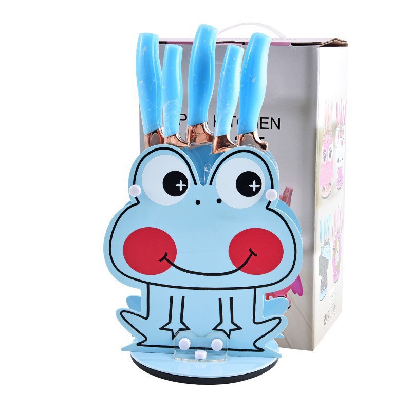 Venta caliente de comercio exterior Mango de patrón de nube de flujo Soporte de dibujos animados de acrílico creativo Juego de cuchillos de cocina de acero inoxidable de seis piezas